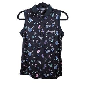 RLX Ralph Lauren Womens S Black Printed Deco Sleeveless Golf Shirt Shadow Creek